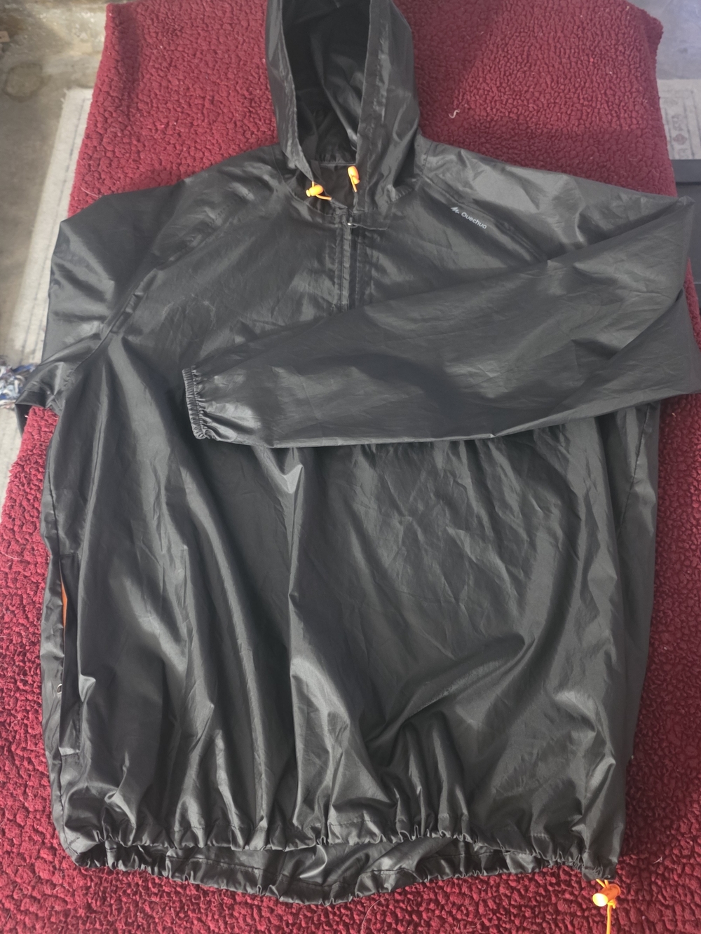 Quechua Mens Black Hooded Windbreaker with Orange Drawcords, Hiking, Outdoors, L